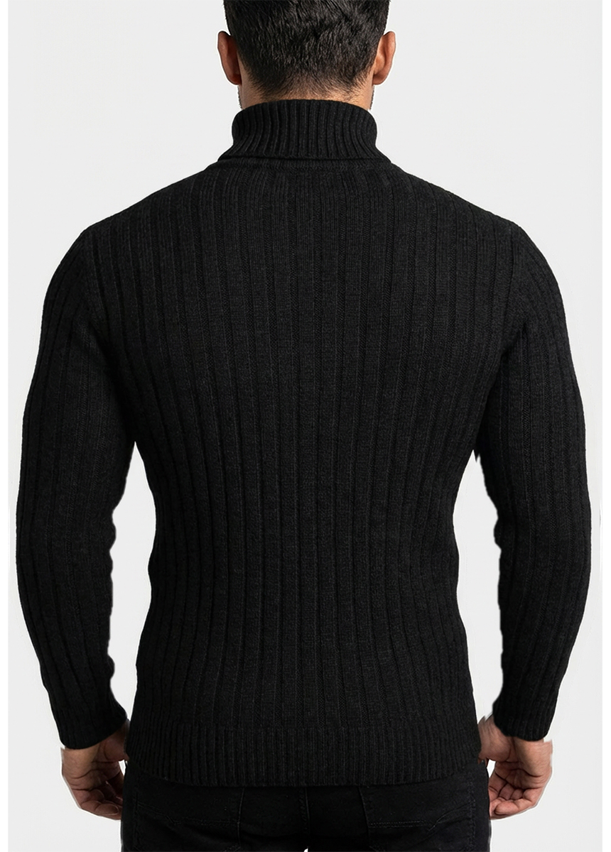 Delikatny Sweter Golf Pleciony Męski Stójka Dopasowany z wełną 54101 Black - obrazek 4