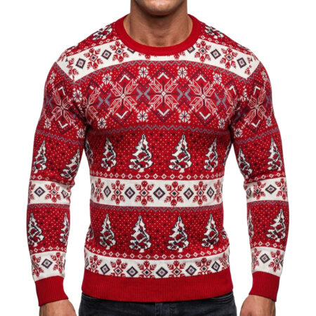 Sweter Wzór Norweski Świąteczny Dopasowany Bawełna Święta Prezent Red 52552