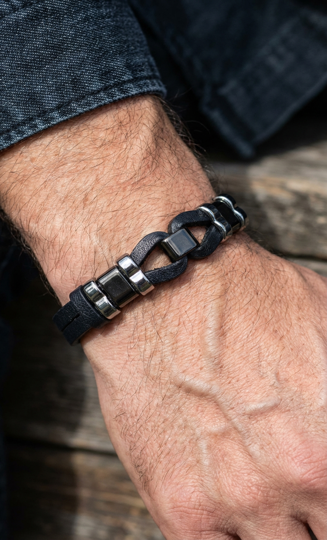 Skórzana Męska Bransoletka Cipo Baxx DarkBlue Zapięcie Magnes CN102 - obrazek 3