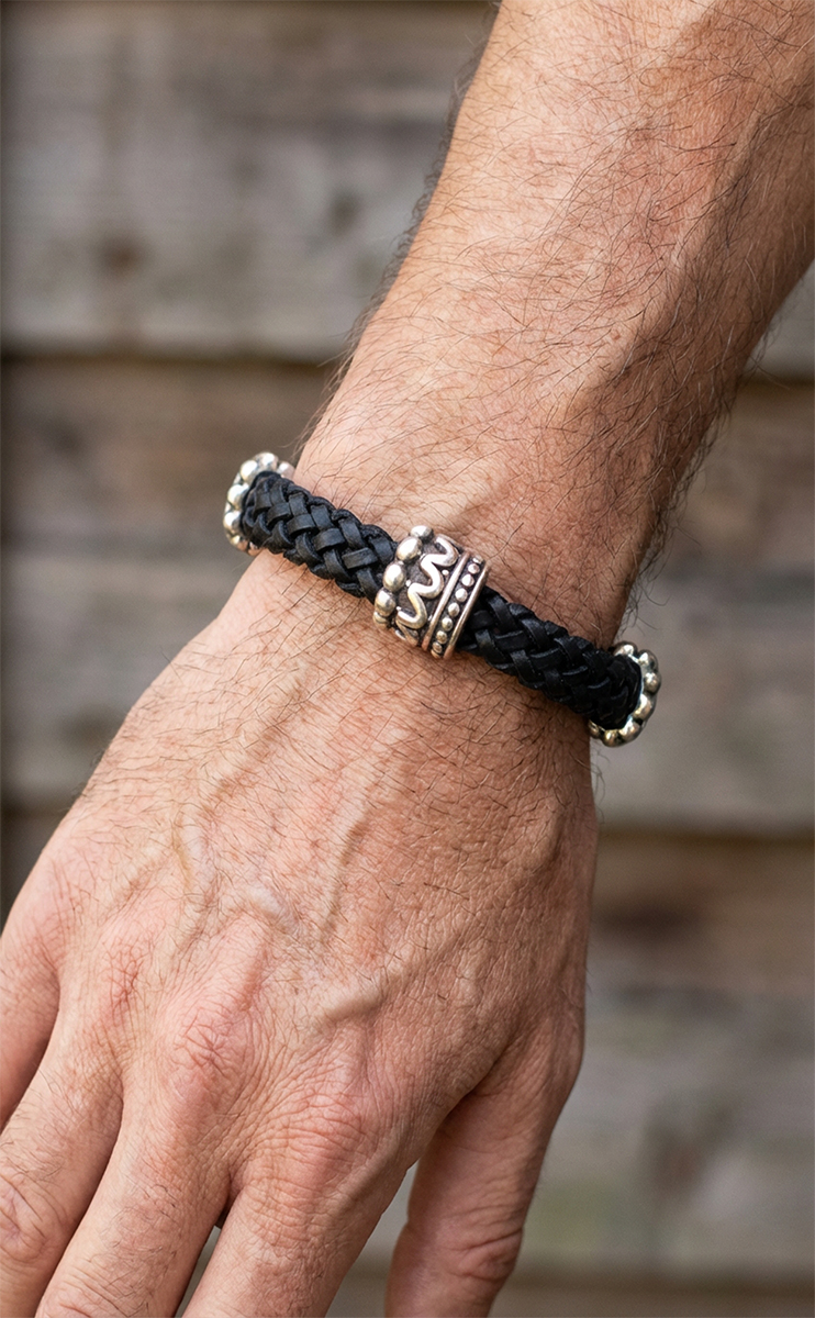 Skórzana Męska Bransoletka Pleciona Cipo Baxx Black CN104 - obrazek 3