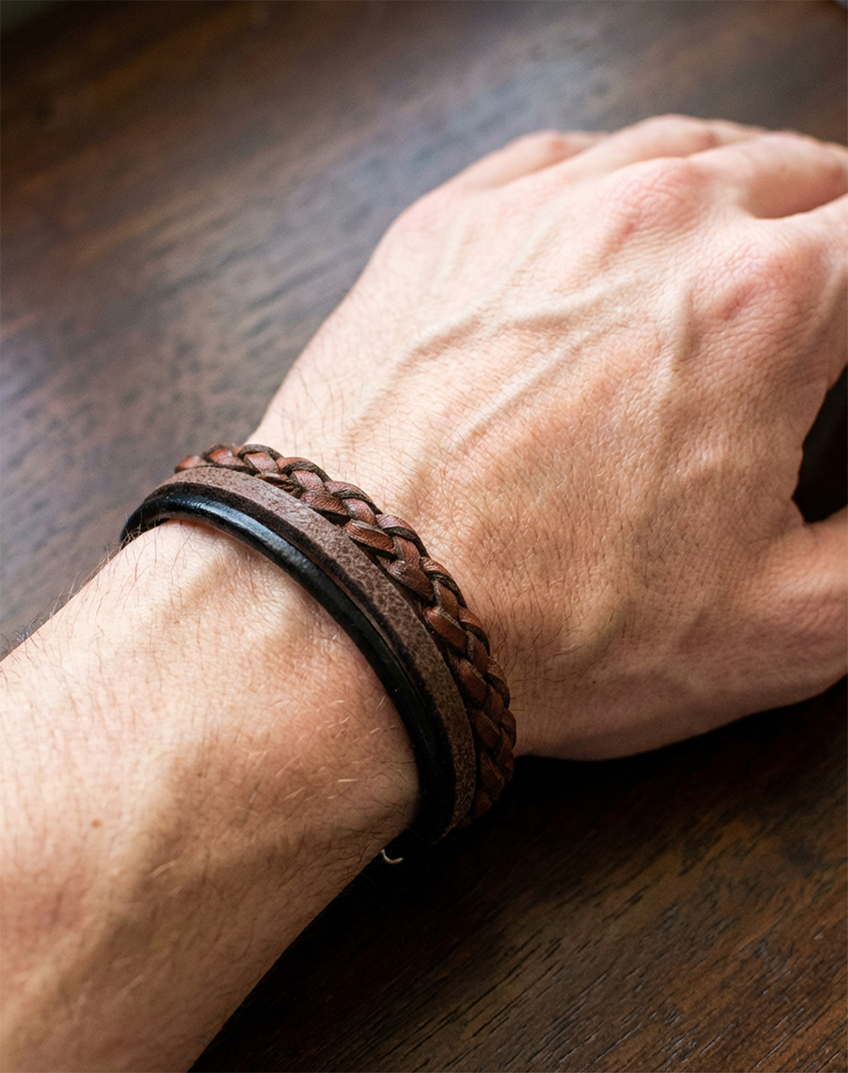 Skórzana Męska Bransoletka Pleciona Cipo Baxx Rzemyk Taba CN105 - obrazek 3