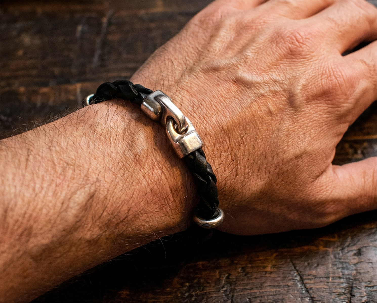 Skórzana Męska Bransoletka Pleciona Cipo Baxx Black CN108 - obrazek 3