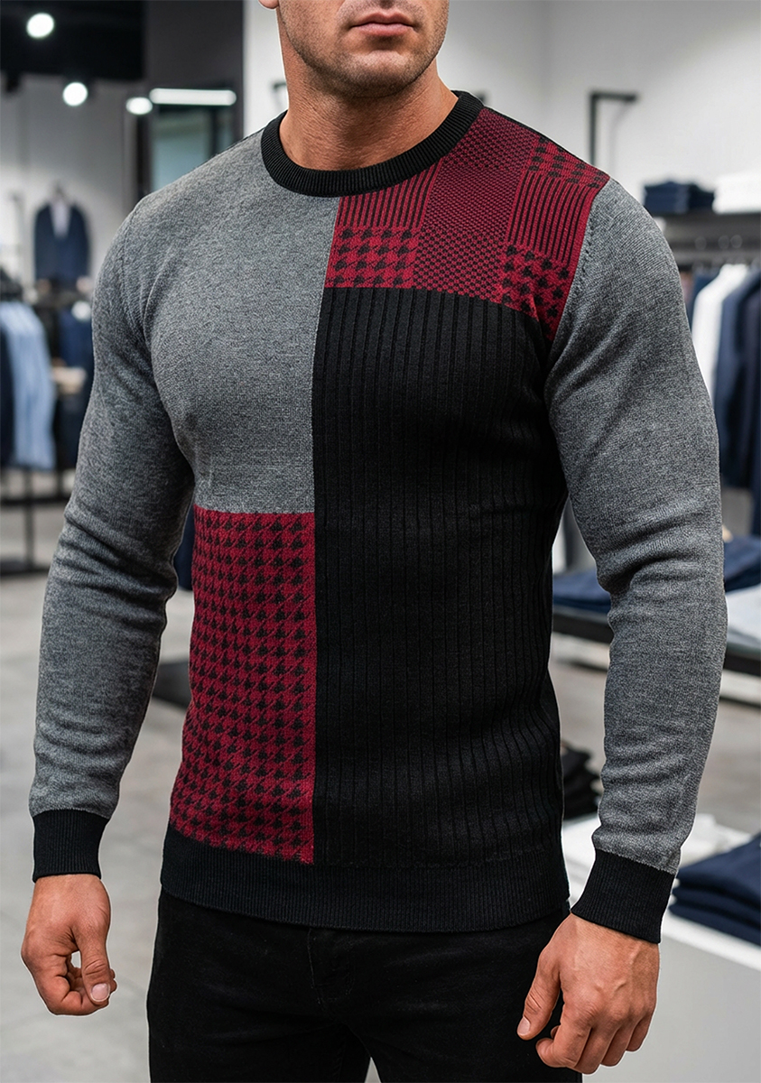 Klasyczny Delikatny Męski Sweter Cipo Baxx Wzór Dzianinowy Regular Bawełna CP263 grey - obrazek 3