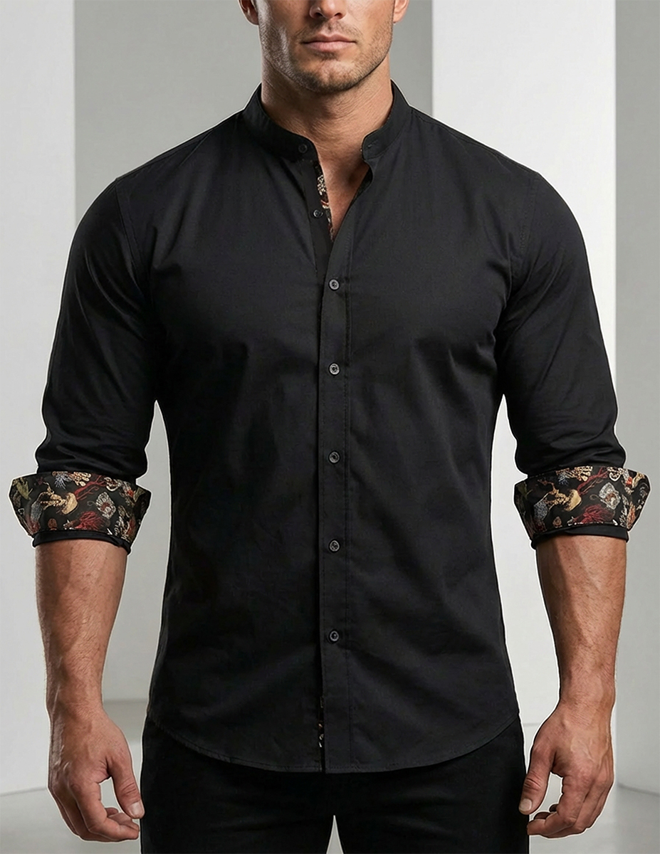 Koszula bez kołnierza Stójka Bawełniana Slim Fit Yves Enzo Paris Taliowana 116-black - obrazek 4