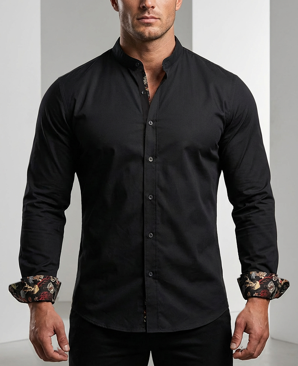 Koszula bez kołnierza Stójka Bawełniana Slim Fit Yves Enzo Paris Taliowana 116-black - obrazek 5