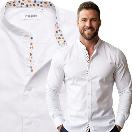 Koszula bez kołnierza Stójka Bawełniana Slim Fit Yves Enzo Paris Taliowana 116-white
