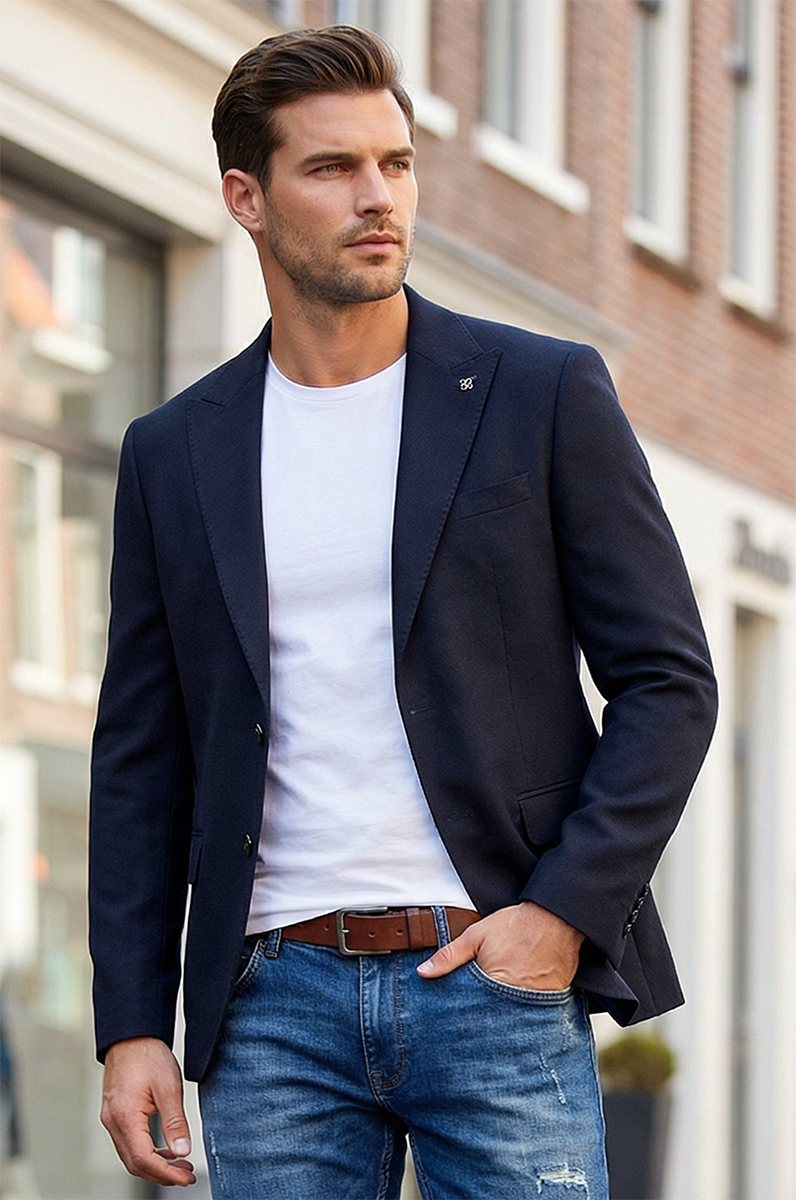 Marynarka Męska Biznesowa Klasyczna Wizytowa Elegancka Casual Bawełna Slim 30138 navy - obrazek 2