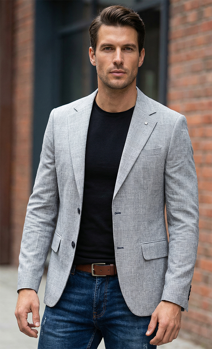 Marynarka Męska Biznesowa Klasyczna Wizytowa Elegancka Casual Kratka 3085 grey - obrazek 2