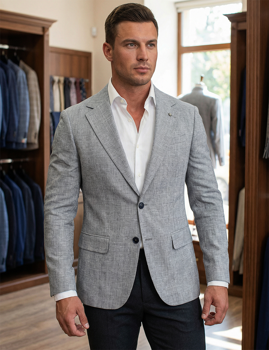 Marynarka Męska Biznesowa Klasyczna Wizytowa Elegancka Casual Kratka 3085 grey - obrazek 3