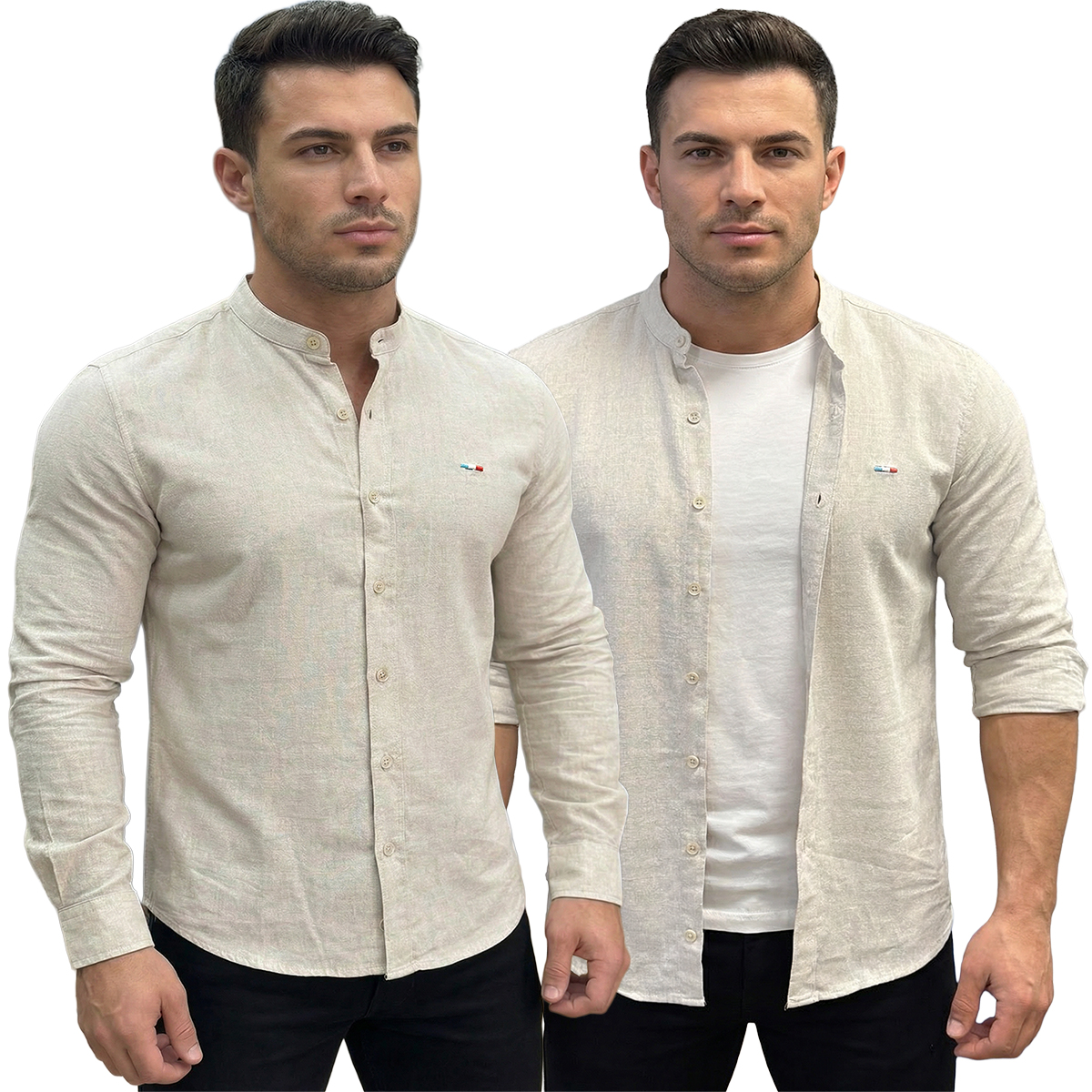 Koszula Lniana ze stójką Bez kołnierza Przewiewna Casual 40408 beige