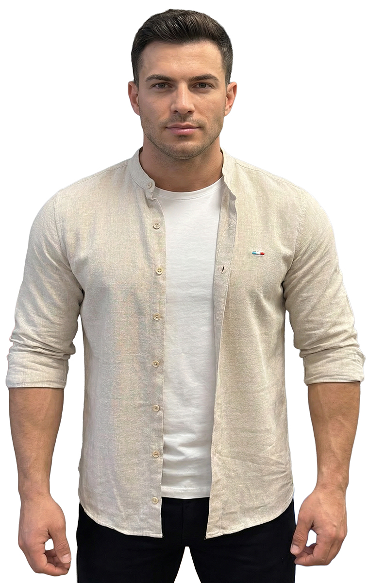 Koszula Lniana ze stójką Bez kołnierza Przewiewna Casual 40408 beige - obrazek 4