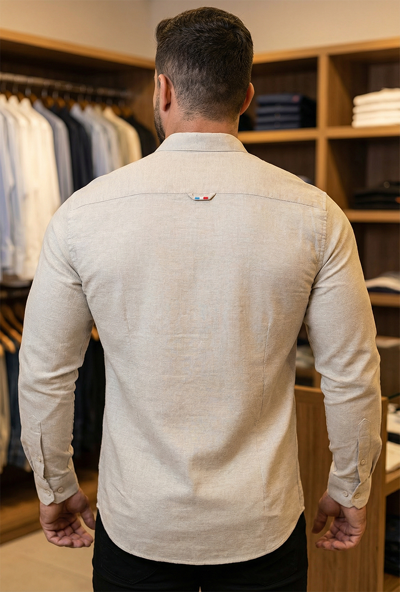 Koszula Lniana ze stójką Bez kołnierza Przewiewna Casual 40408 beige - obrazek 5