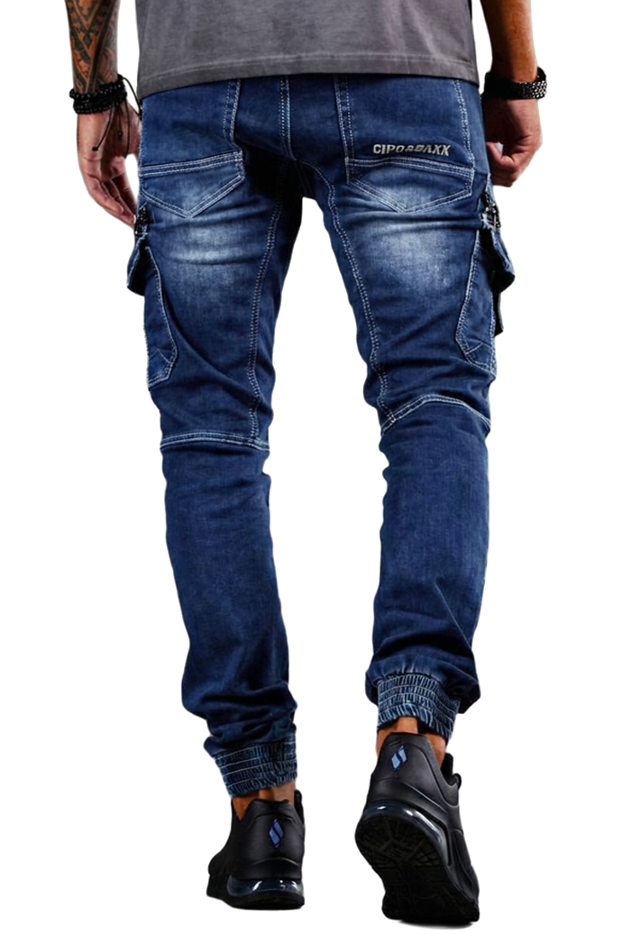 Spodnie joggery Cipo Baxx Bojówki Cargo Jeansy Zamki Przeszycia Przecierane cd845 - obrazek 5
