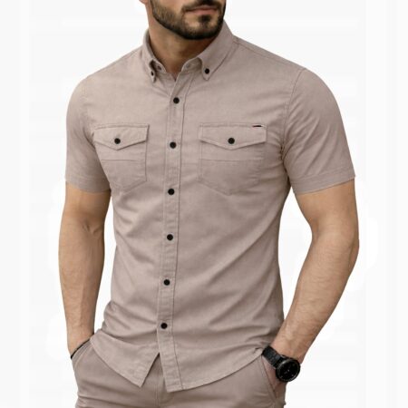 Koszula Jeansowa Męska Kieszonki Casual Codzienna Jeans Bawełna z elastanem 2421 beige