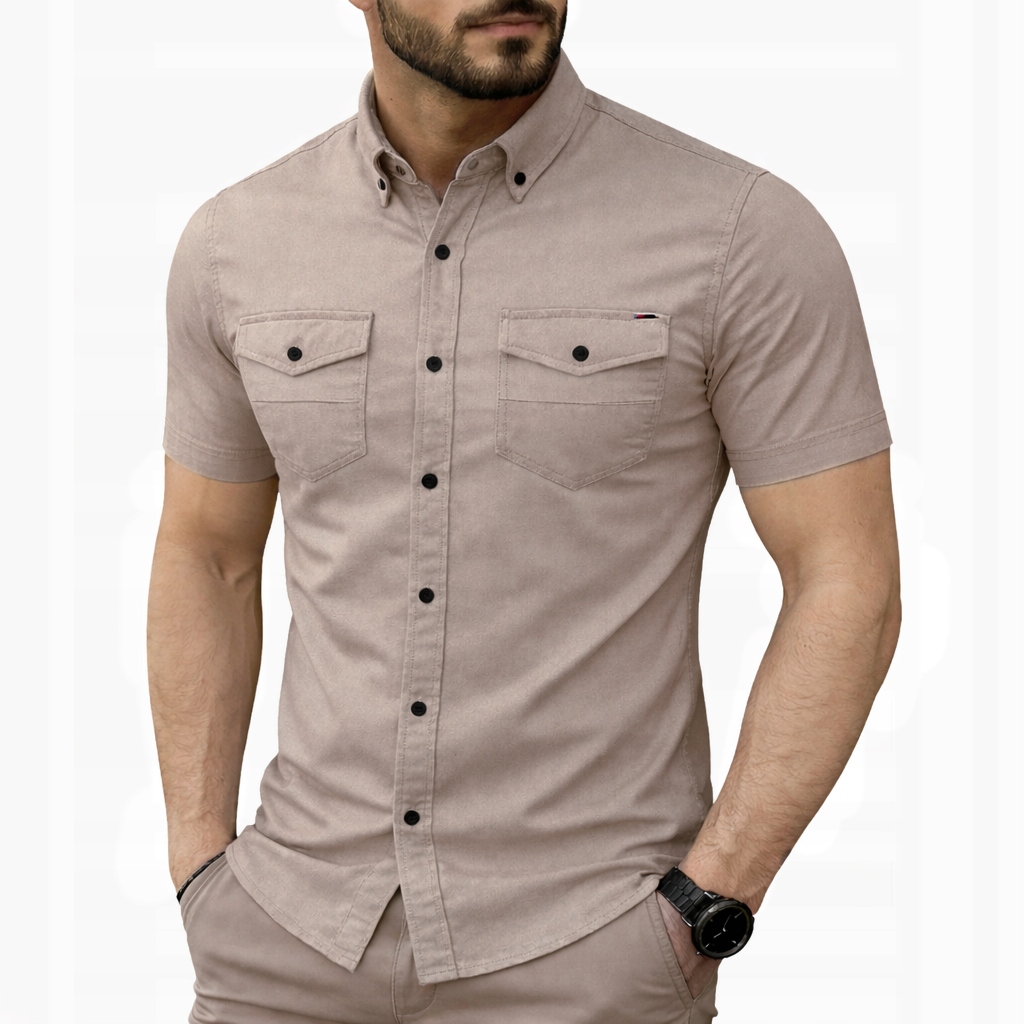 Koszula Jeansowa Męska Kieszonki Casual Codzienna Jeans Bawełna z elastanem 2421 beige