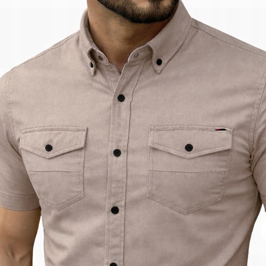 Koszula Jeansowa Męska Kieszonki Casual Codzienna Jeans Bawełna z elastanem 2421 beige - obrazek 3