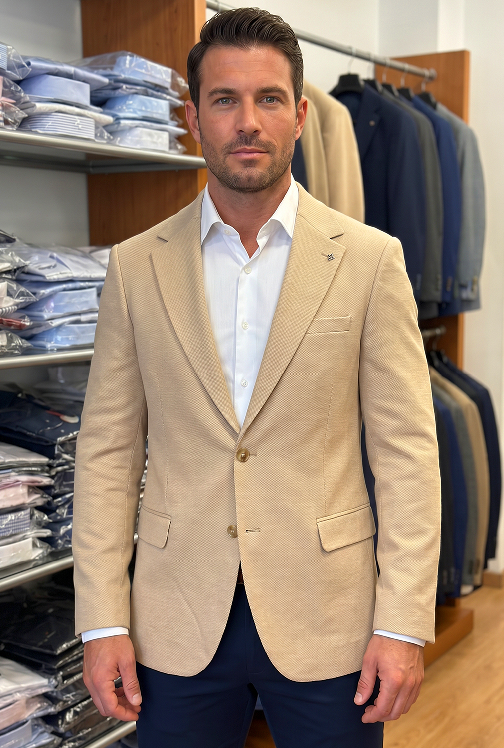 Marynarka Męska Biznesowa Klasyczna Wizytowa Elegancka Casual 3030 beige - obrazek 3
