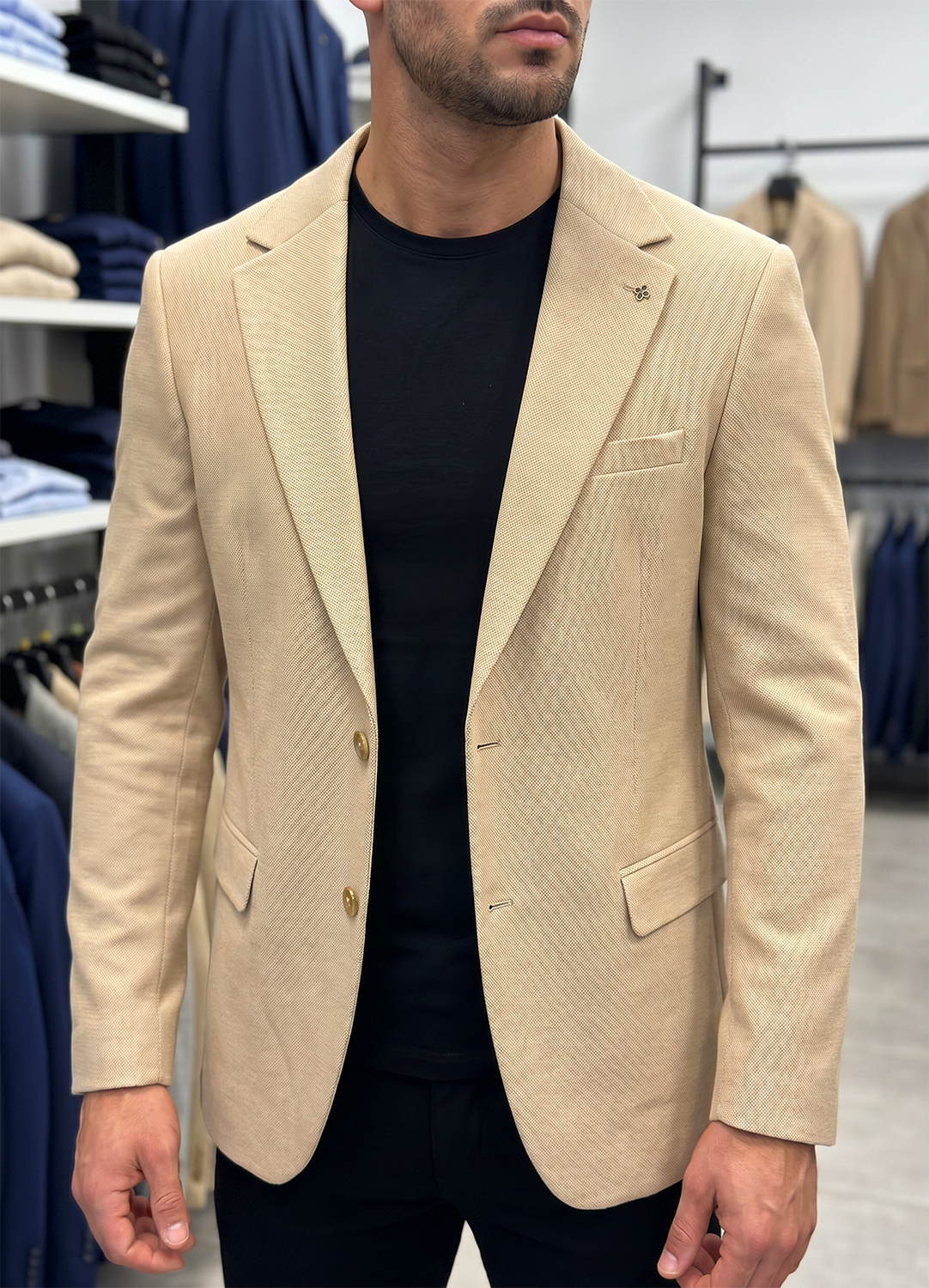 Marynarka Męska Biznesowa Klasyczna Wizytowa Elegancka Casual 3030 beige - obrazek 5