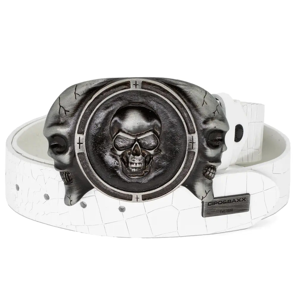 Pasek Męski Cipo Baxx Skóra Vintage Duża Metalowa Klamra z czaszkami Skull cg198