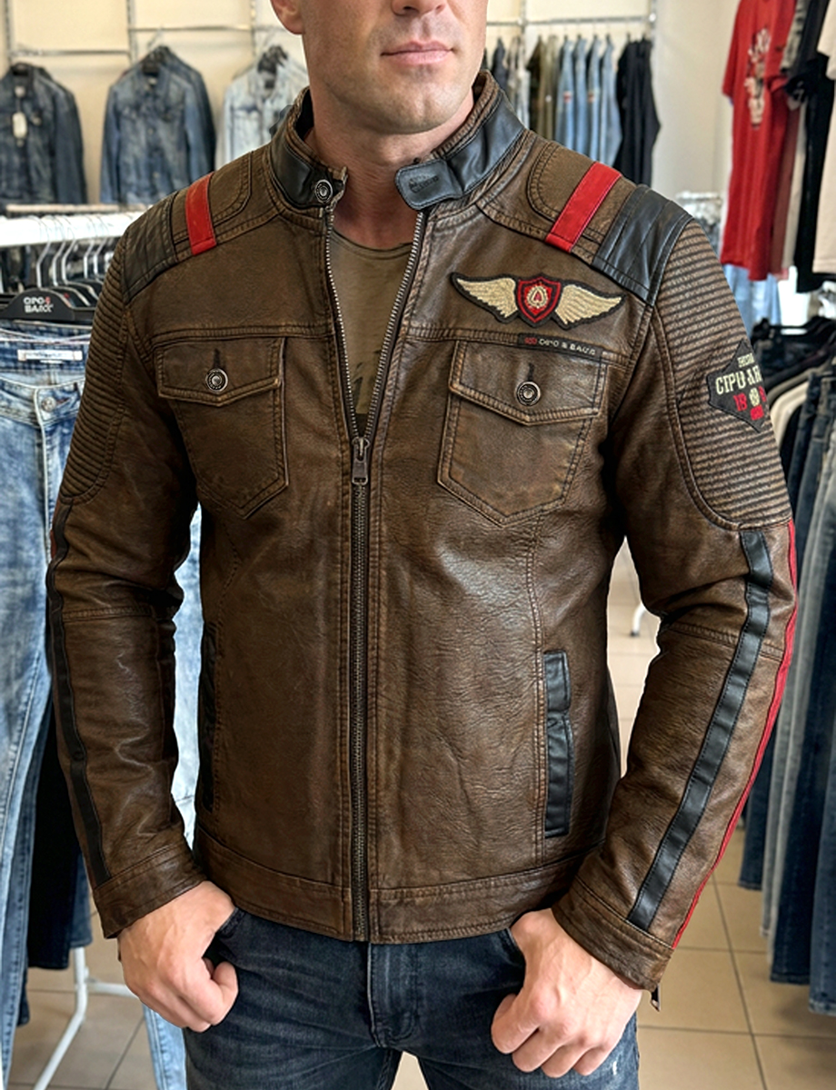 Kurtka Przejściowa Skóra CIPO BAXX w stylu biker Regular Motocyklowy Krój cj304 - obrazek 4