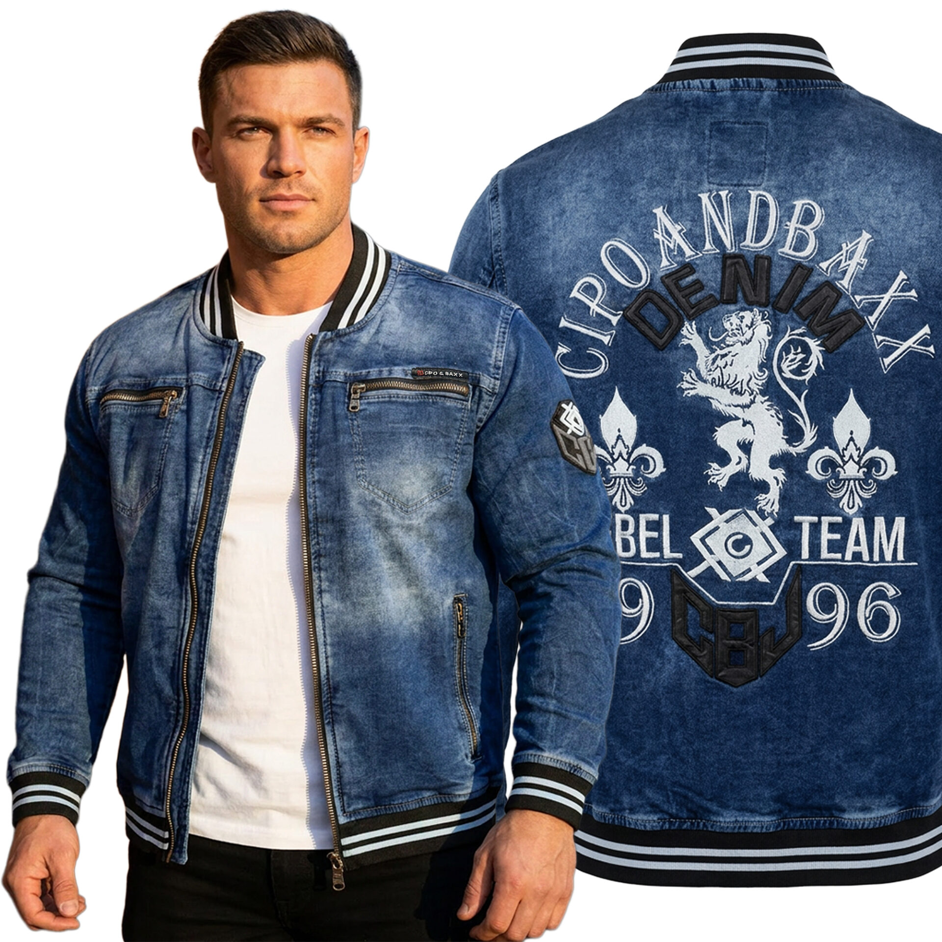 Kurtka Męska Jeansowa Cipo Baxx Katana Przecierana Jeans Hafty Elastyczna cj310
