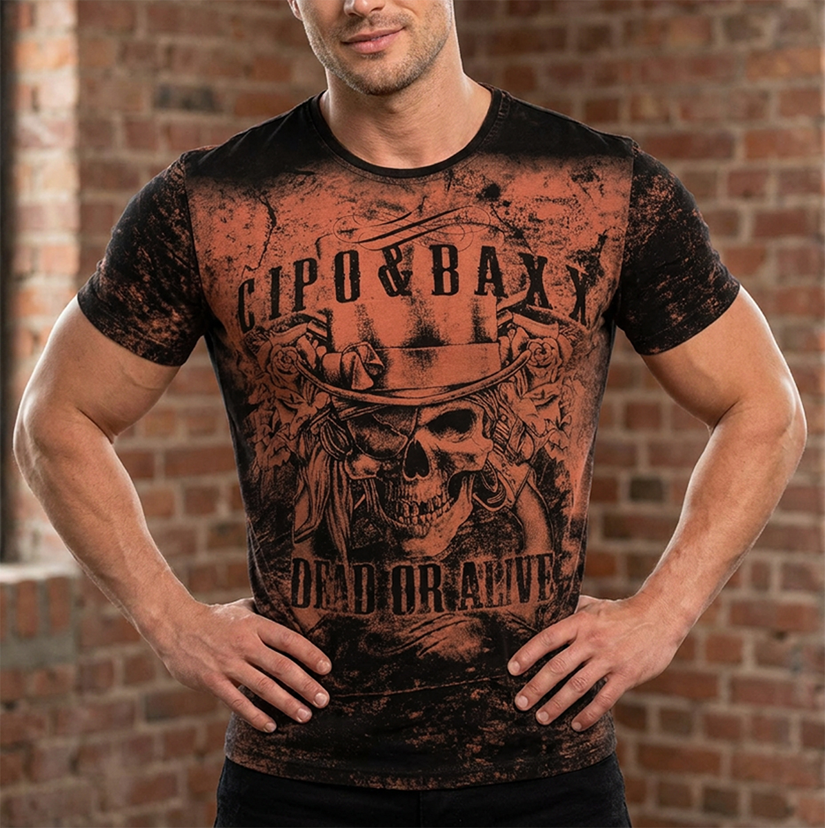 T-shirt koszulka bawełniana Cipo Baxx Męski Rock Design z motywem czaszki ct830 - obrazek 3