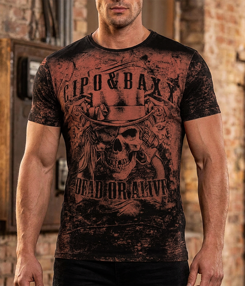 T-shirt koszulka bawełniana Cipo Baxx Męski Rock Design z motywem czaszki ct830 - obrazek 4