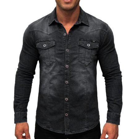 Koszula Jeansowa Beyro by Cipo Baxx Przecierana Slim Elastyczny Materiał BH105 black