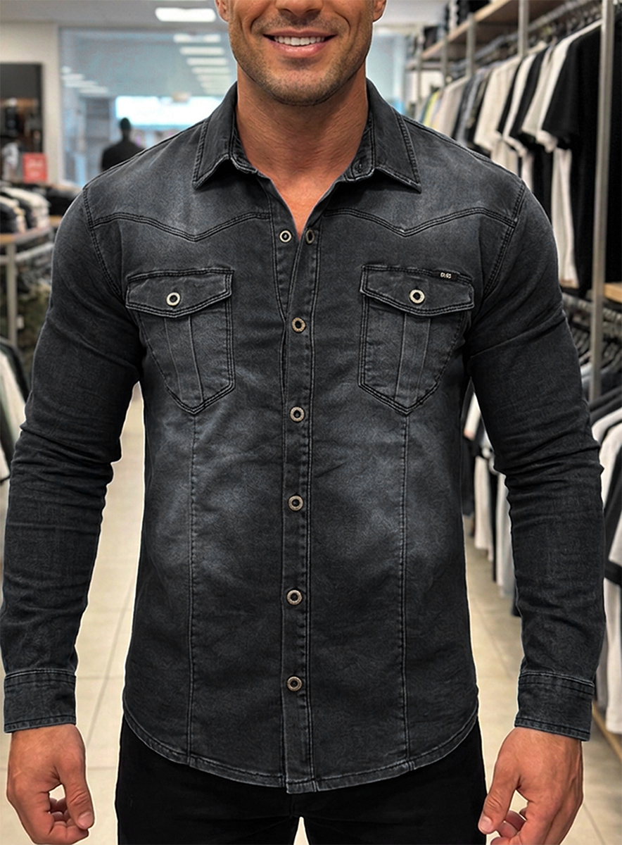 Koszula Jeansowa Beyro by Cipo Baxx Przecierana Slim Elastyczny Materiał BH105 black - obrazek 3