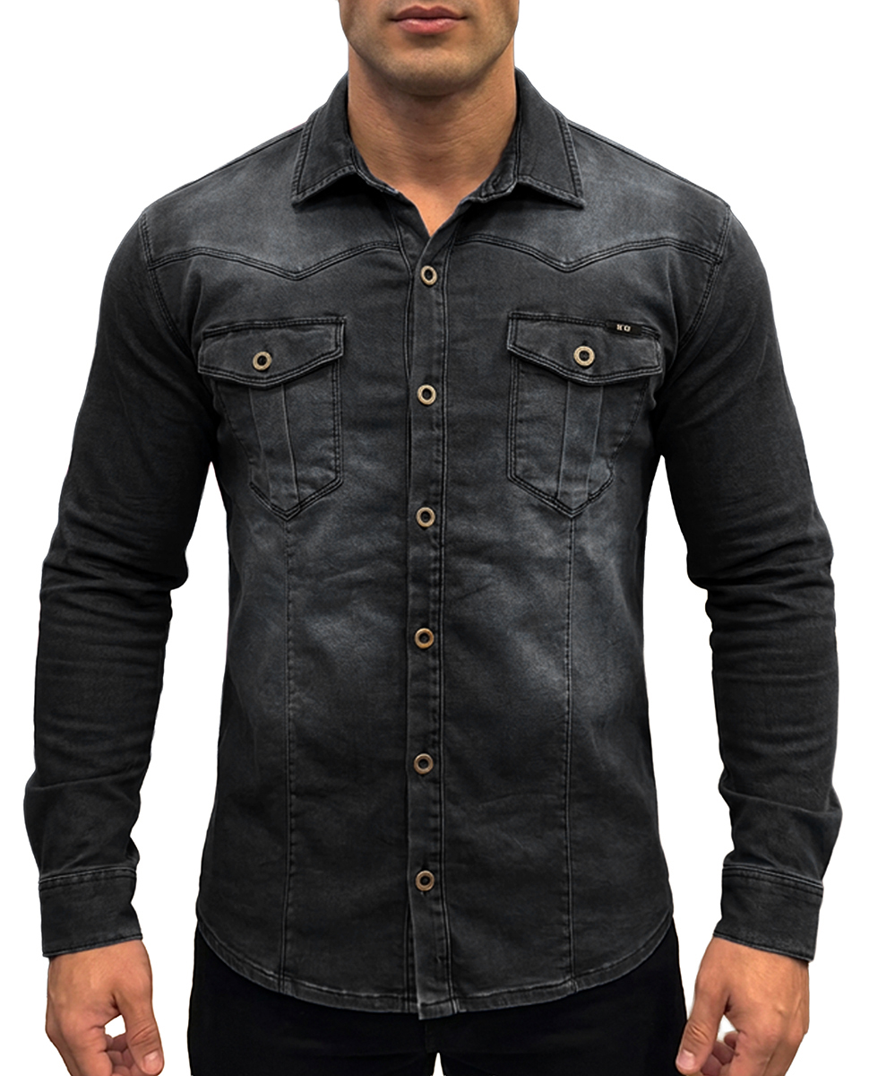Koszula Jeansowa Beyro by Cipo Baxx Przecierana Slim Elastyczny Materiał BH105 black - obrazek 4
