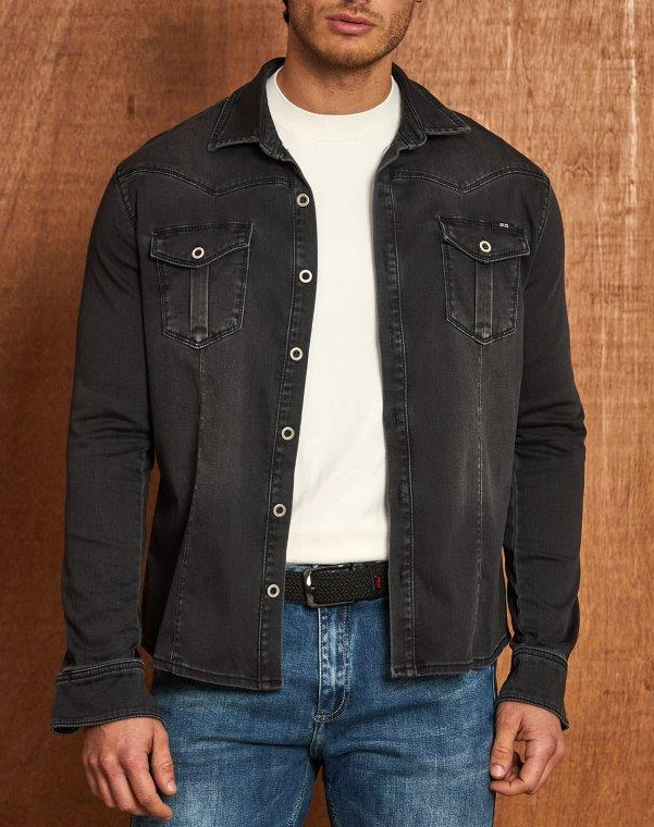 Koszula Jeansowa Beyro by Cipo Baxx Przecierana Slim Elastyczny Materiał BH105 black - obrazek 6