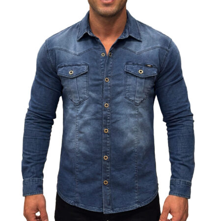 Koszula Jeansowa Beyro by Cipo Baxx Przecierana Slim Elastyczny Materiał BH105 blue