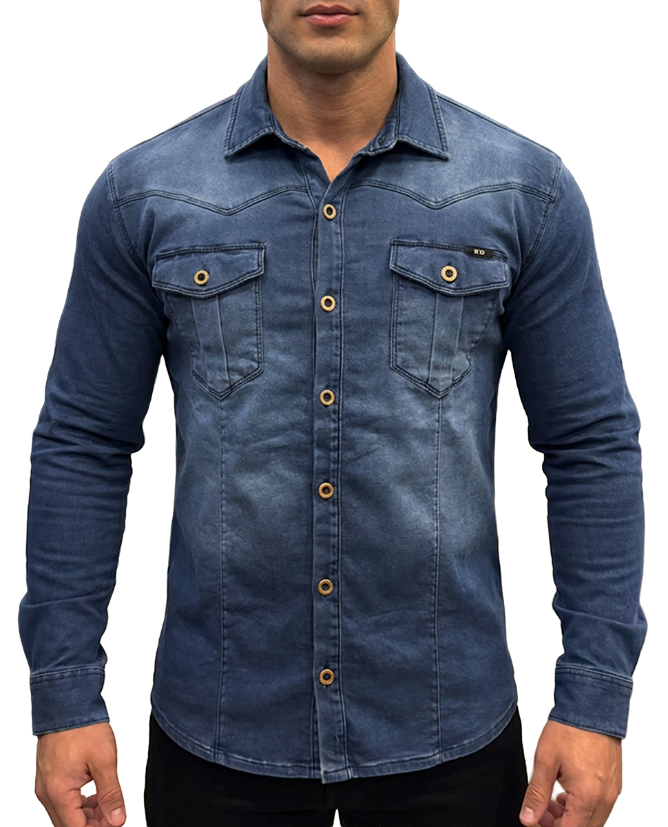 Koszula Jeansowa Beyro by Cipo Baxx Przecierana Slim Elastyczny Materiał BH105 blue - obrazek 3
