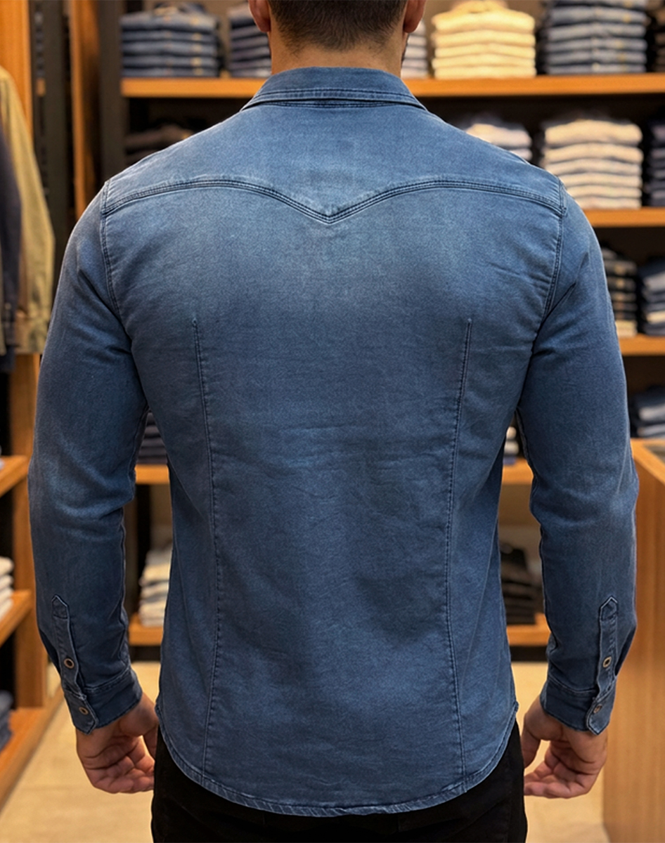 Koszula Jeansowa Beyro by Cipo Baxx Przecierana Slim Elastyczny Materiał BH105 blue - obrazek 4