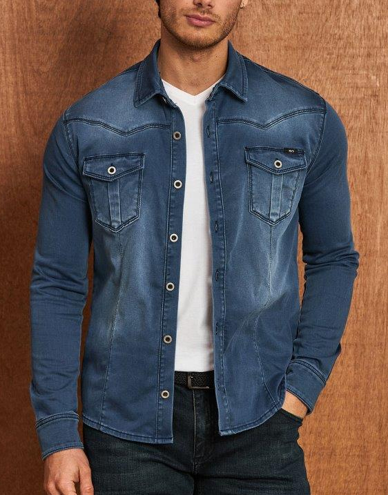 Koszula Jeansowa Beyro by Cipo Baxx Przecierana Slim Elastyczny Materiał BH105 blue - obrazek 5