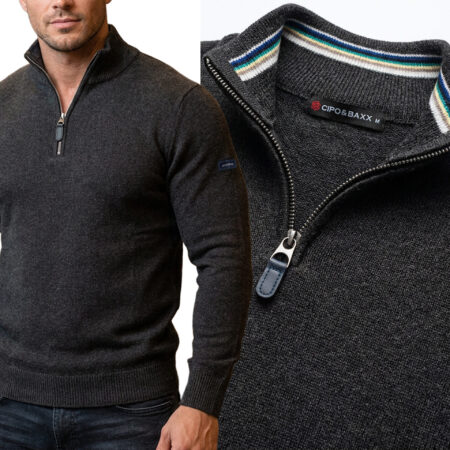 Męski Sweter z zamkiem Dzianinowy Golf Cipo Baxx Stójka Casual Bawełna CP290 antracyt