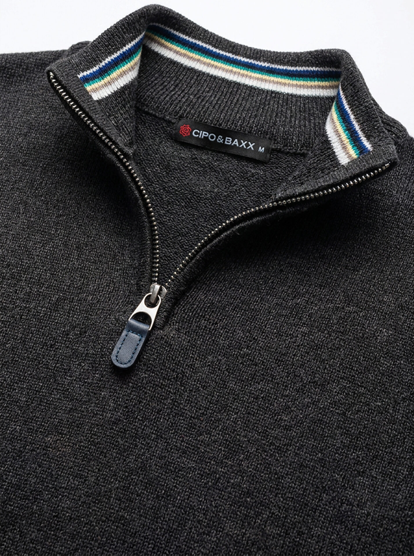 Męski Sweter z zamkiem Dzianinowy Golf Cipo Baxx Stójka Casual Bawełna CP290 antracyt - obrazek 3