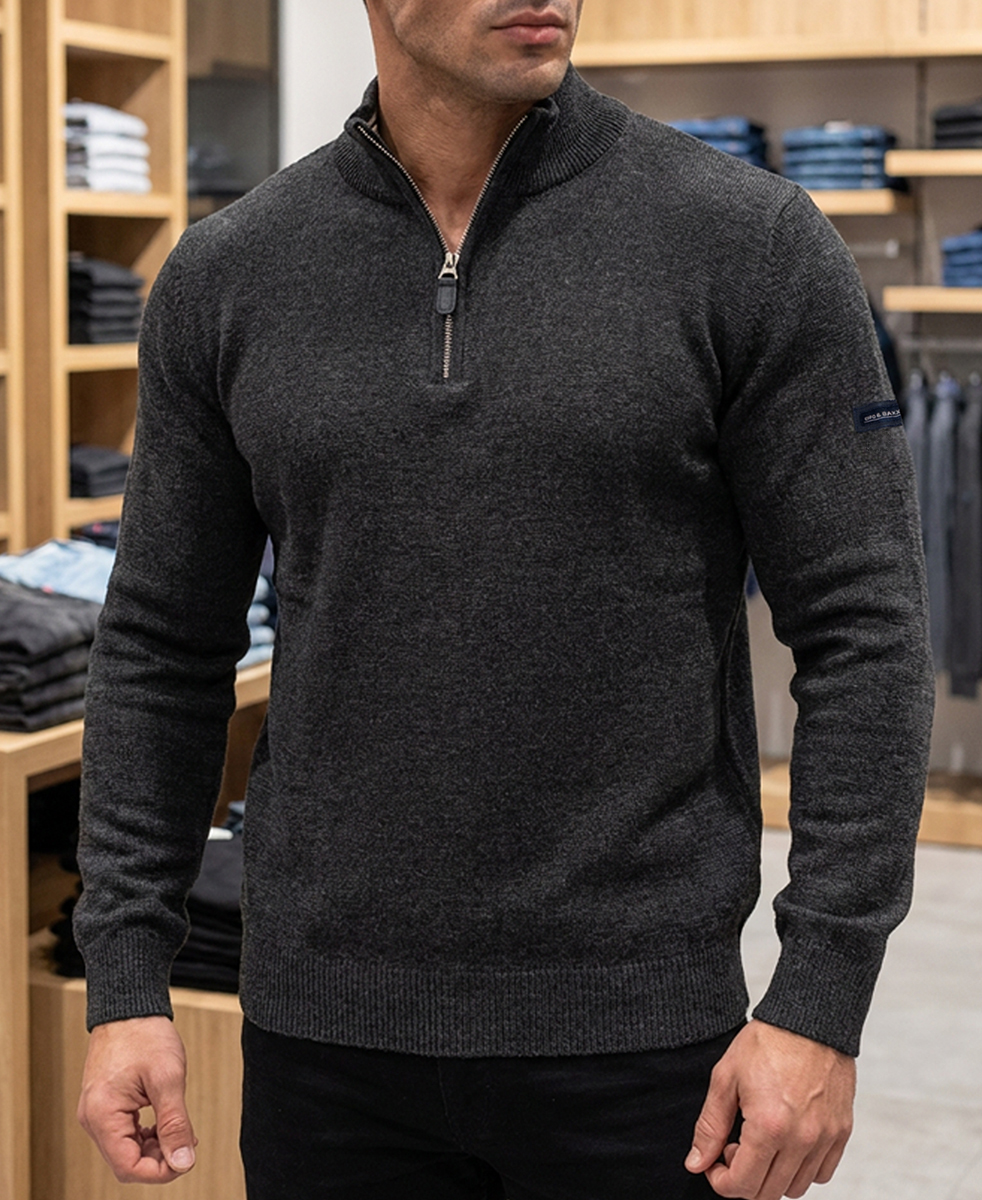 Męski Sweter z zamkiem Dzianinowy Golf Cipo Baxx Stójka Casual Bawełna CP290 antracyt - obrazek 6