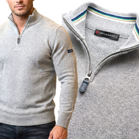 Męski Sweter z zamkiem Dzianinowy Golf Cipo Baxx Stójka Casual Bawełna CP290 light grey