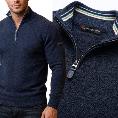 Męski Sweter z zamkiem Dzianinowy Golf Cipo Baxx Stójka Casual Bawełna CP290 navy blue