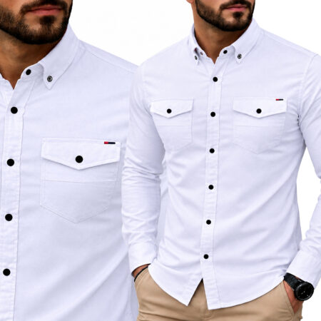 Koszula Jeansowa Męska Kieszonki Casual Codzienna Jeans Bawełna z elastanem 2079 white