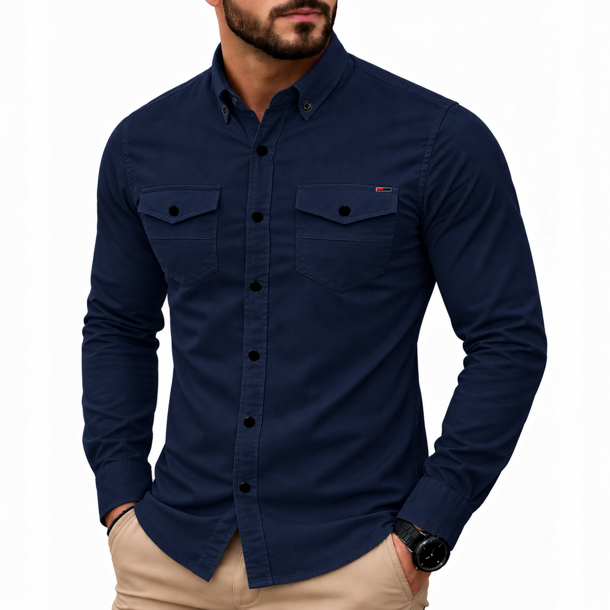 Koszula Jeansowa Męska Kieszonki Casual Codzienna Jeans Bawełna z elastanem 2079 navy - obrazek 2