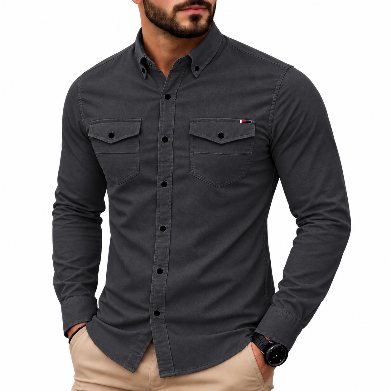Koszula Jeansowa Męska Kieszonki Casual Codzienna Jeans Bawełna z elastanem 2079 antracyt - obrazek 2