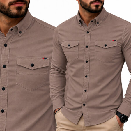 Koszula Jeansowa Męska Kieszonki Casual Codzienna Jeans Bawełna z elastanem 2079 beige