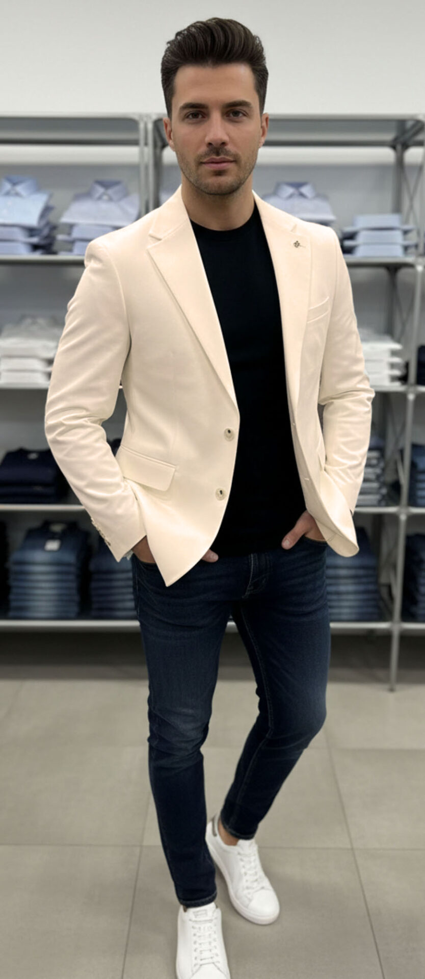 Marynarka Męska Biznesowa Klasyczna Wizytowa Elegancka Casual 30113 ecru - obrazek 4