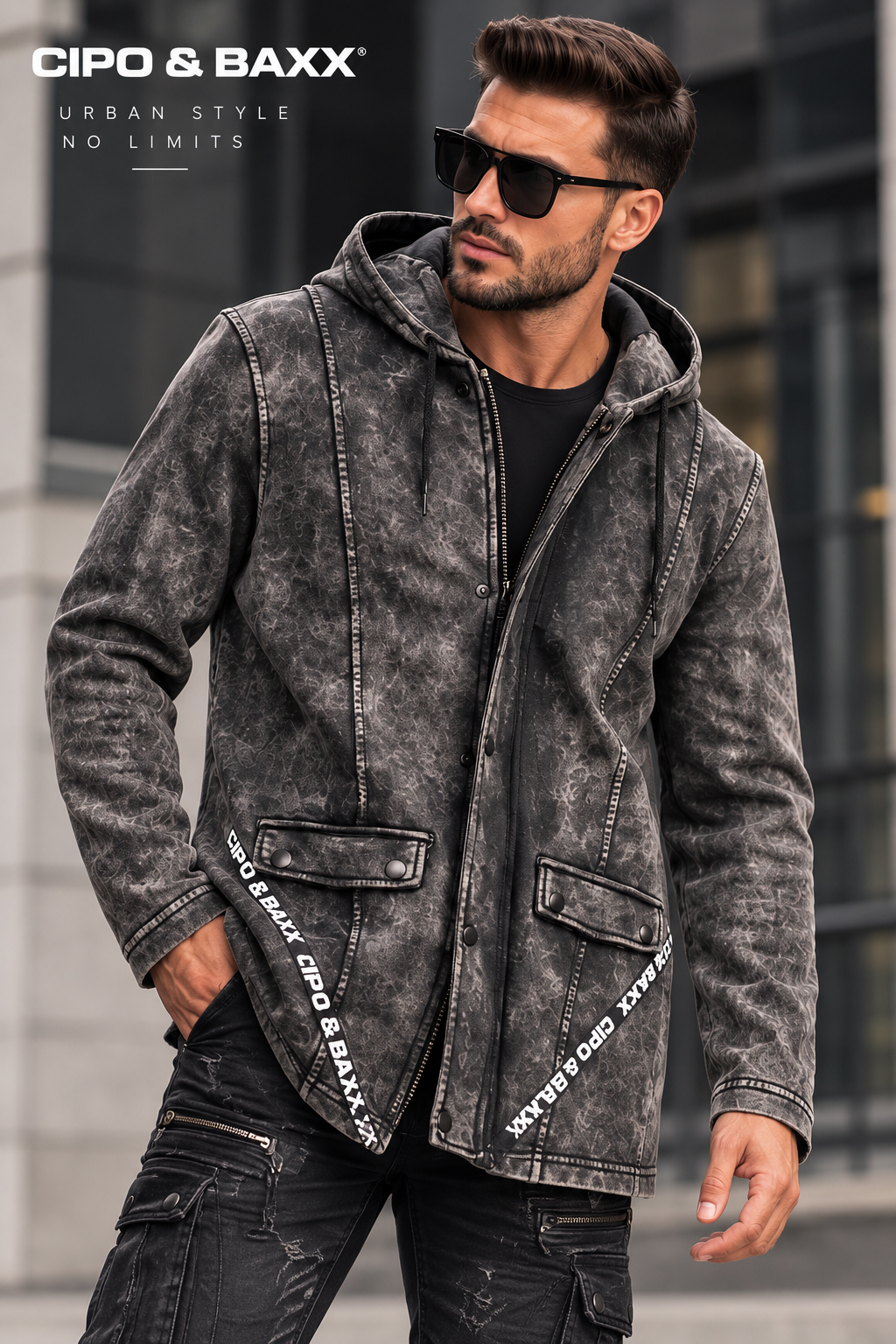Bluza Męska Cipo Baxx Długa Przedłużana z Kapturem Mazana w stylu vintage cl257a - obrazek 4