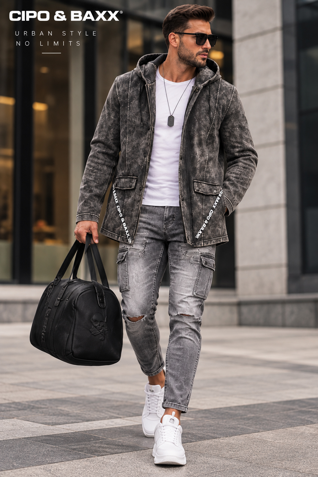 Bluza Męska Cipo Baxx Długa Przedłużana z Kapturem Mazana w stylu vintage cl257a - obrazek 5