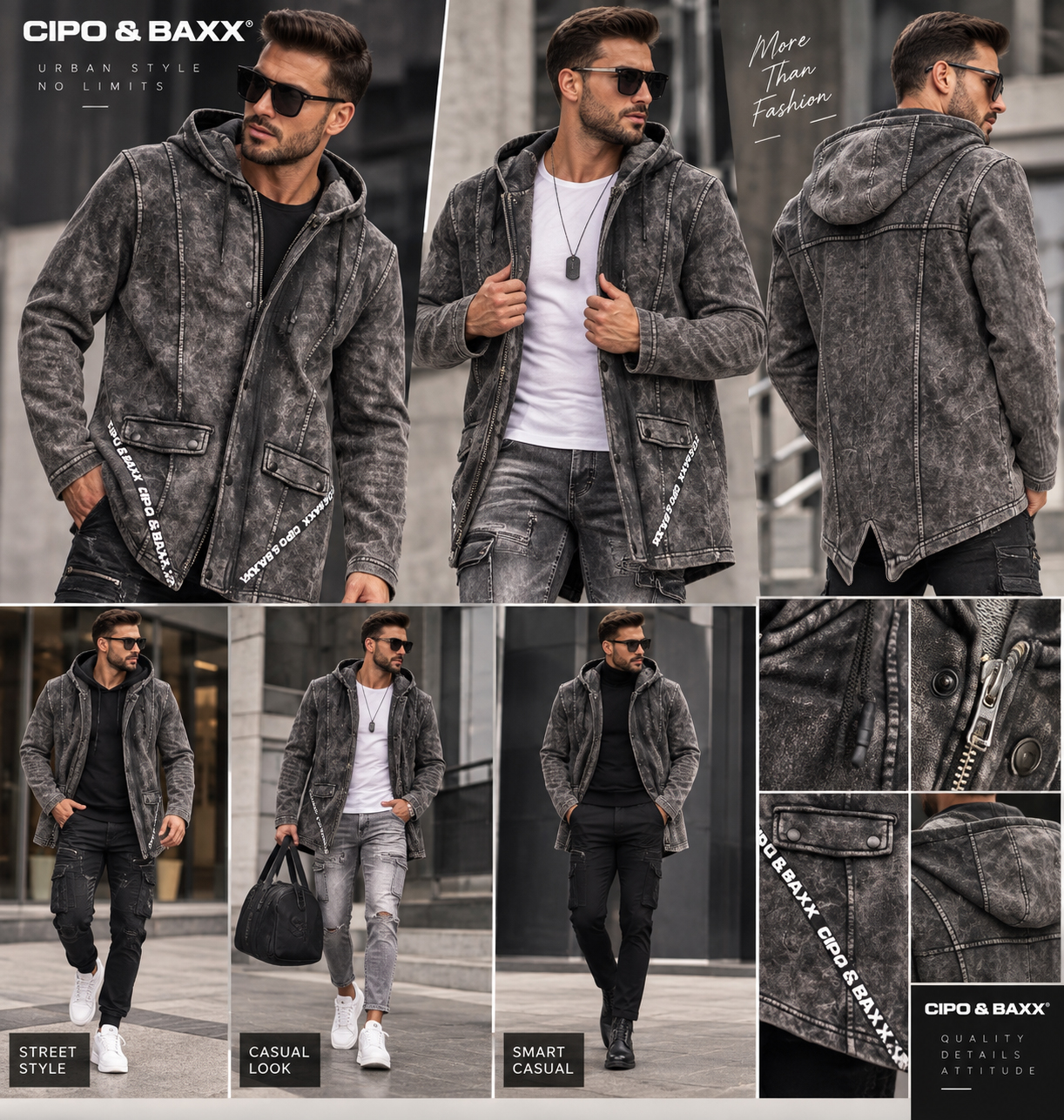 Bluza Męska Cipo Baxx Długa Przedłużana z Kapturem Mazana w stylu vintage cl257a - obrazek 8