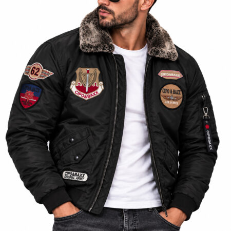 Kurtka męska pilotka Cipo & Baxx bomber z futrzanym kołnierzem ocieplana CM232 black