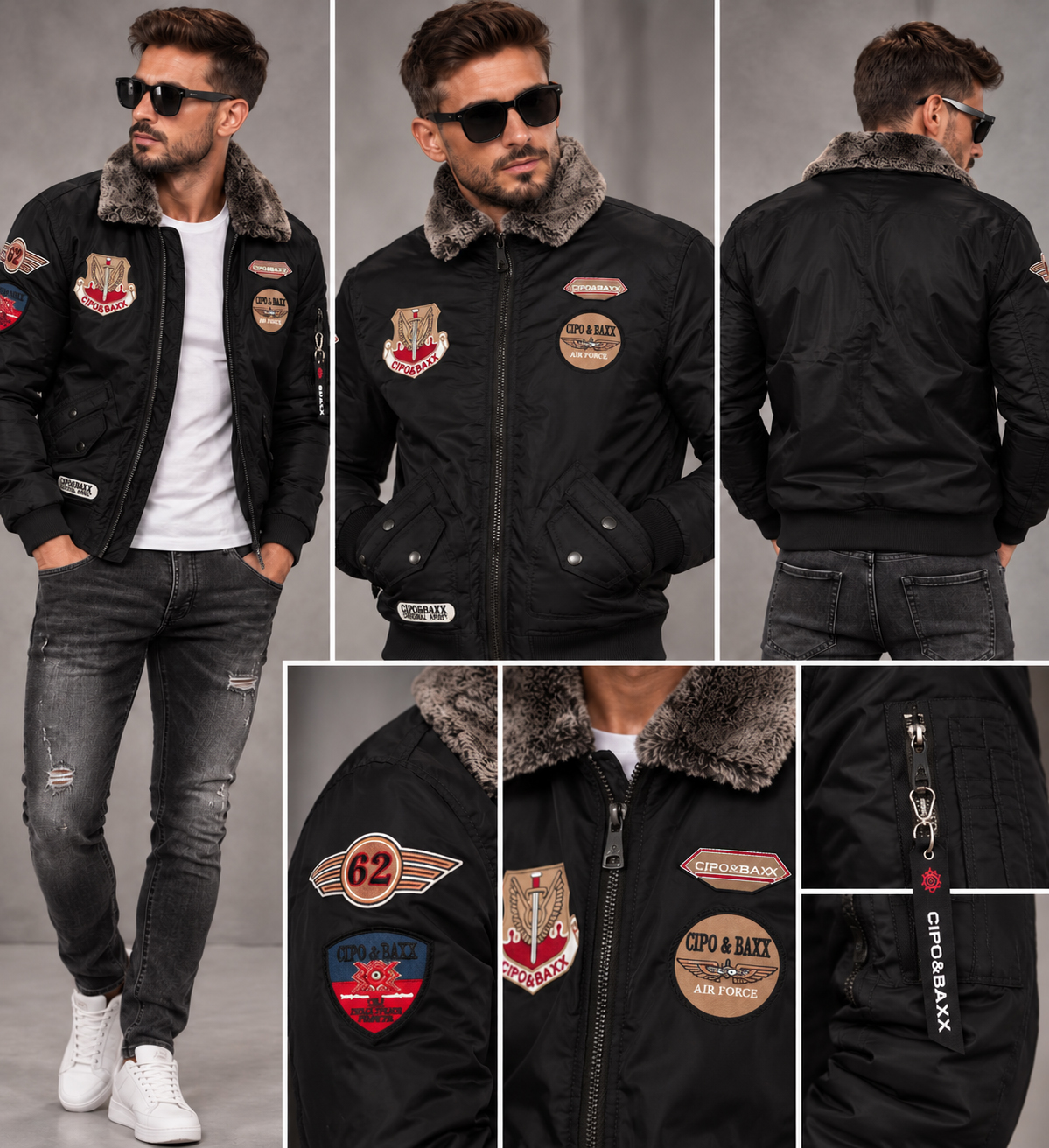 Kurtka męska pilotka Cipo & Baxx bomber z futrzanym kołnierzem ocieplana CM232 black - obrazek 7